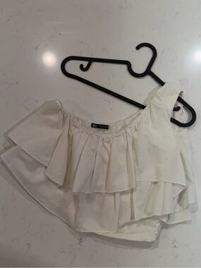 Zara White One-Shoulder Ruffle Crop Top